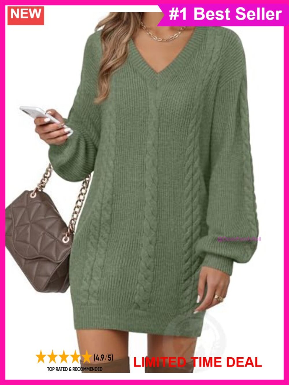 Women's Casual V Neck Lantern Sleeve Knit Mini Sweater Dress